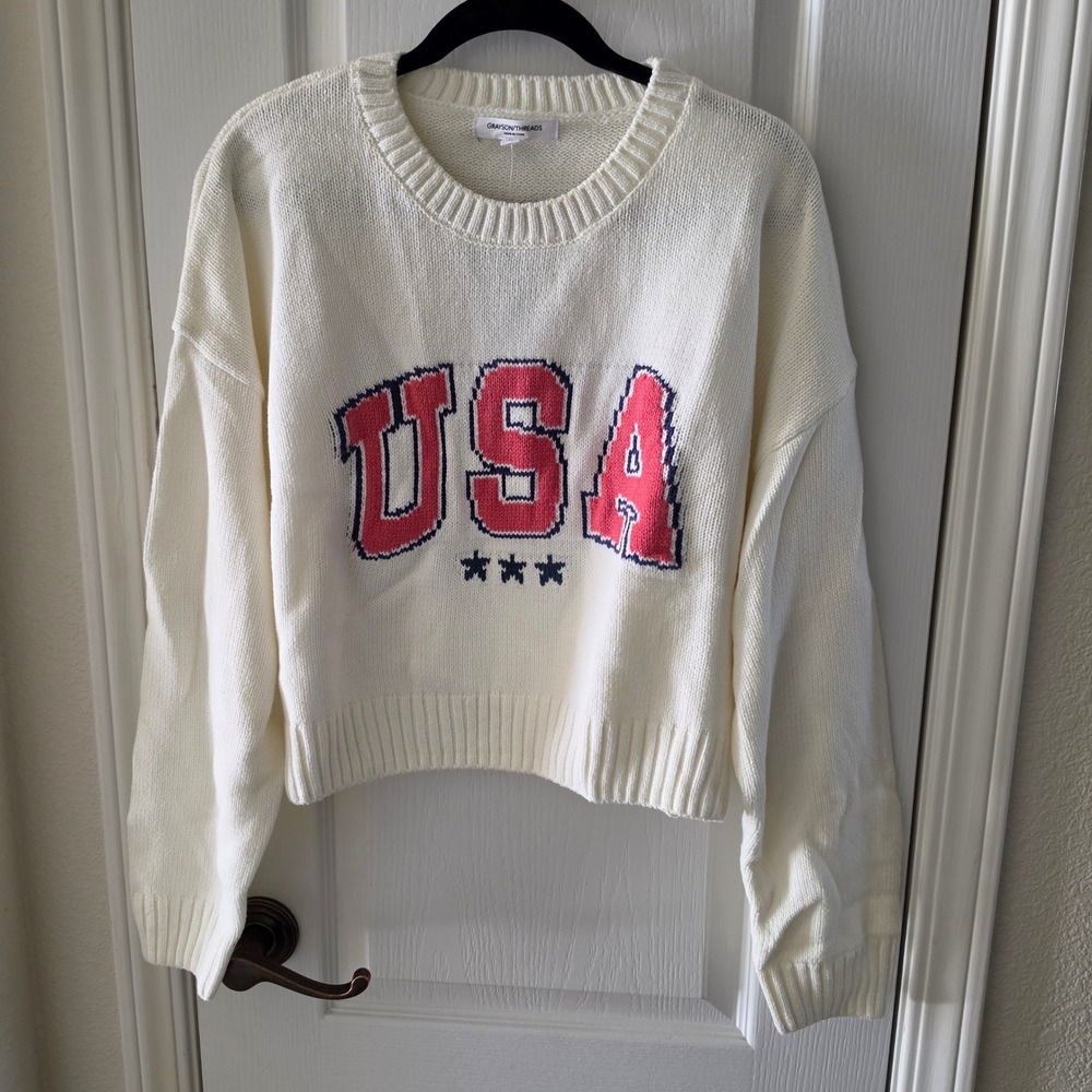 Grayson Threads USA Graphic Sweater Cream Knit Cropped Pullover Large